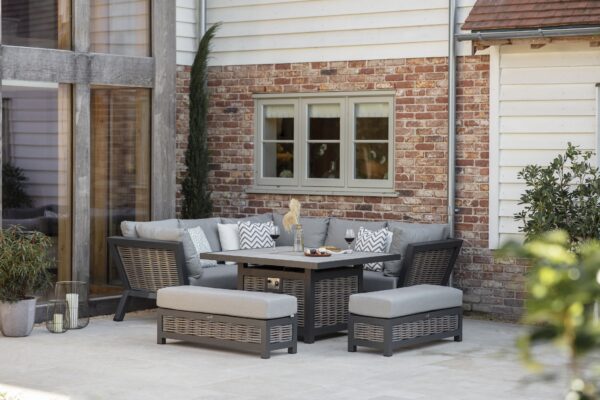 Bramblecrest - Tuscan Wicker Large Square Corner Sofa with Square Gas Firepit Table and 2 Benches